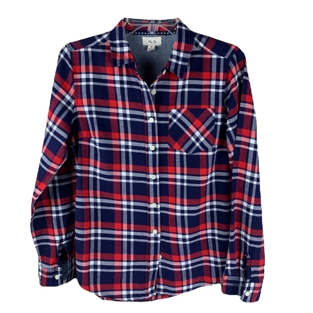 Per Se Red White Blue Plaid Button Front Shirt